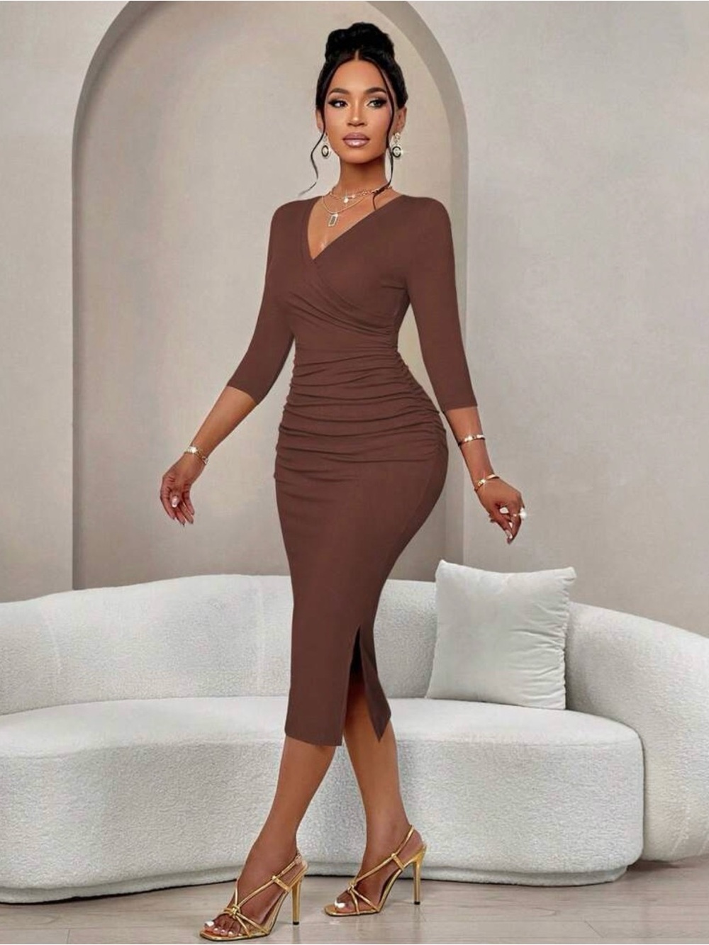 SHEIN Brown Ruched V-Neck Midi Dress